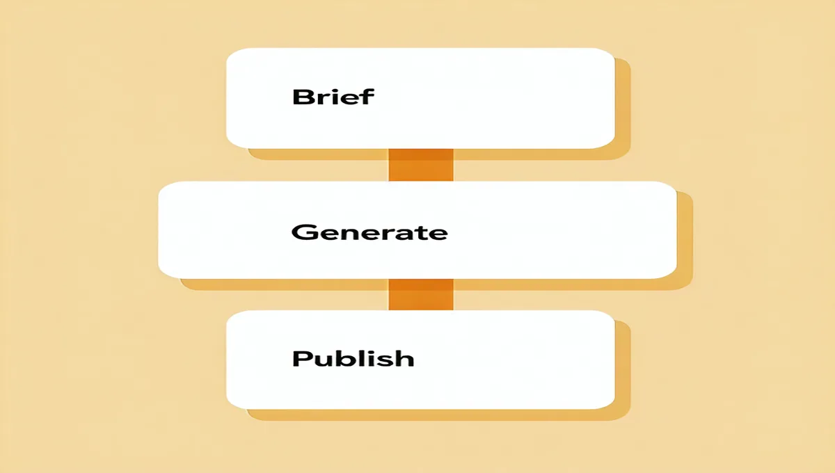 Three-step content workflow showing brief upload, asset generation, and review-to-publish process on a laptop